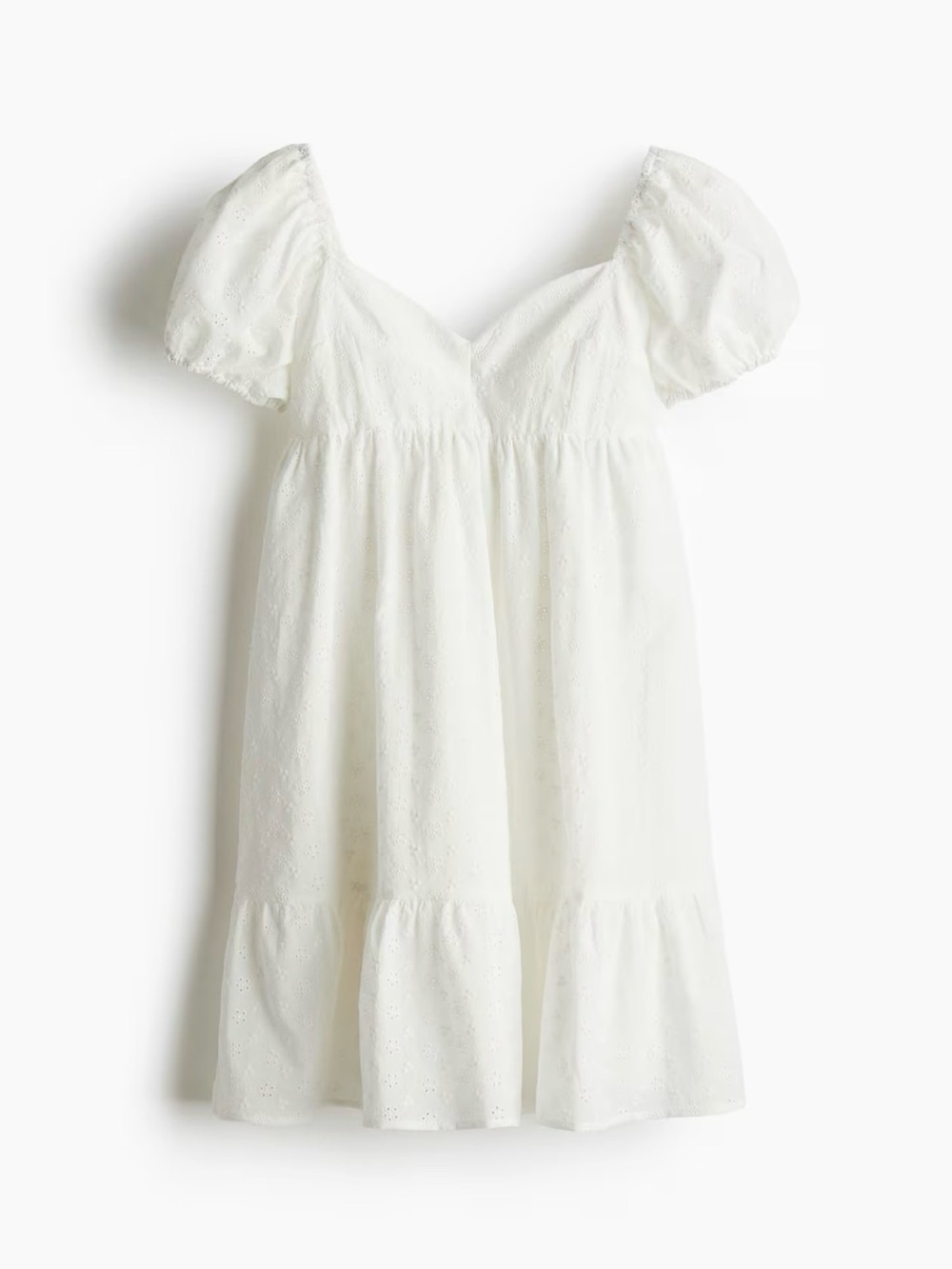H&M White Smocked Waist Eyelet Dress puff sleeve